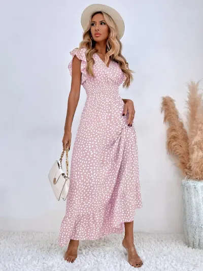 Spring Summer Women Fashion Vacation Beach Polka Dot Print V-Neck Defined Waist Ruffled Maxi Dress