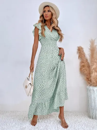 Spring Summer Women Fashion Vacation Beach Polka Dot Print V-Neck Defined Waist Ruffled Maxi Dress