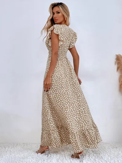 Spring Summer Women Fashion Vacation Beach Polka Dot Print V-Neck Defined Waist Ruffled Maxi Dress