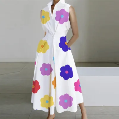 Women Elegant Office Chic Sleeveless Wide Leg Polka Dot V Neck Midi Dress