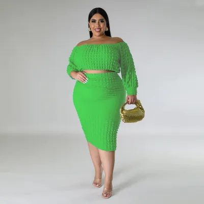 2023 Large Size Women's Autumn Two-Piece Set with Bubble Sleeves and Solid Color