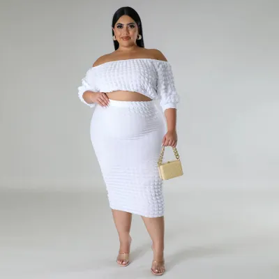 2023 Large Size Women's Autumn Two-Piece Set with Bubble Sleeves and Solid Color