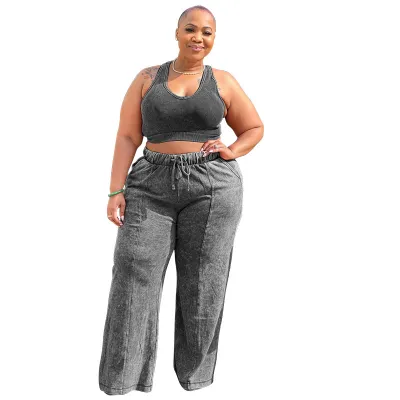 Casual Fashion Plus Size Women Athleisure Solid Color Crop Top And Pants Set