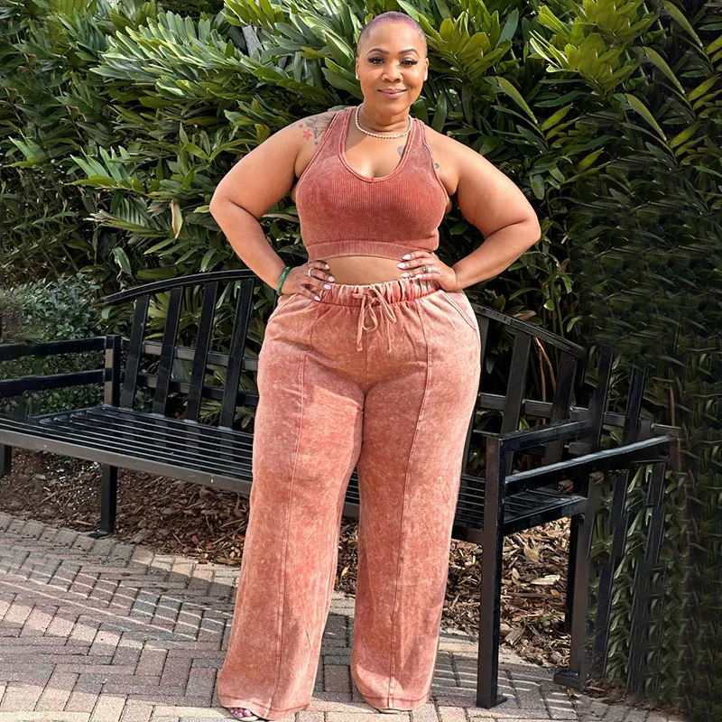 Casual Fashion Plus Size Women Athleisure Solid Color Crop Top And Pants Set