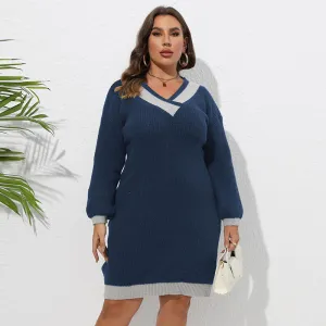 Casual Women Plus Size Winter Autumn Color Contrast Long Sleeve V Neck Knitted Dress