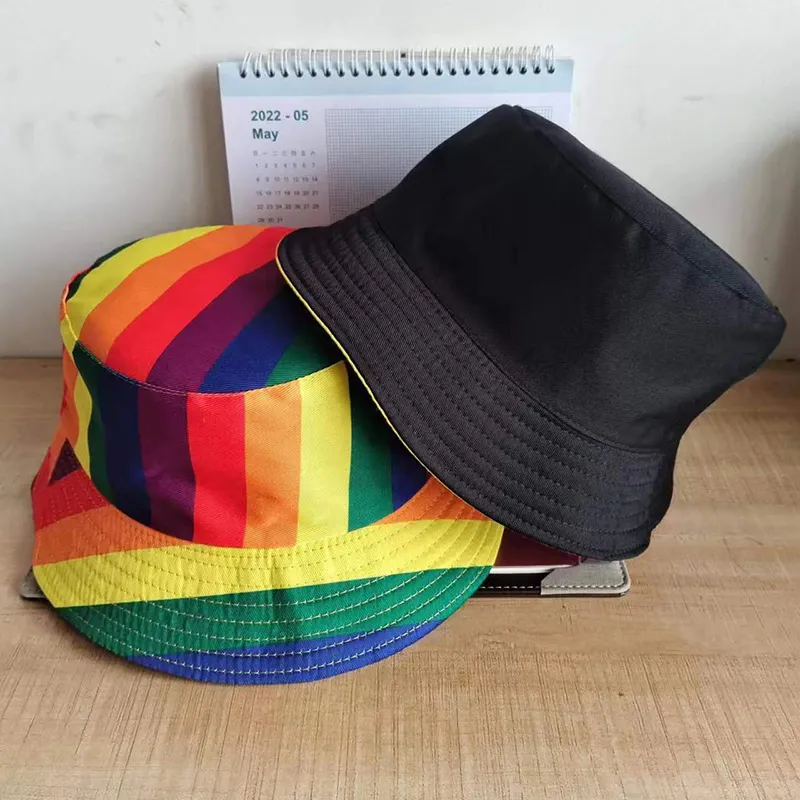 Women Fashion Double-Sided Rainbow Strip Sunshade Bucket Hat