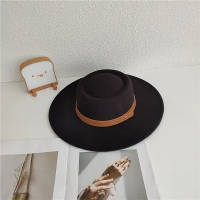 Women Fashion Vintage Large Brim Concave Crown Belt Wool-Like Jazz Hat