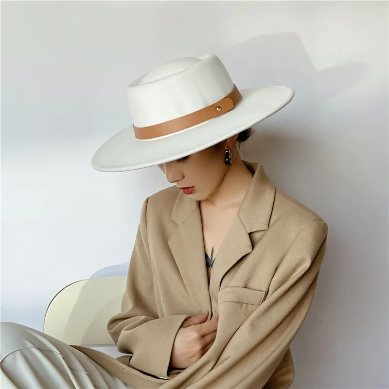 Women Fashion Vintage Large Brim Concave Crown Belt Wool-Like Jazz Hat