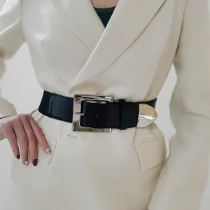 Women Fashion Square Metal Pin Buckle High Elastic Stretchable Black Wide Belt
