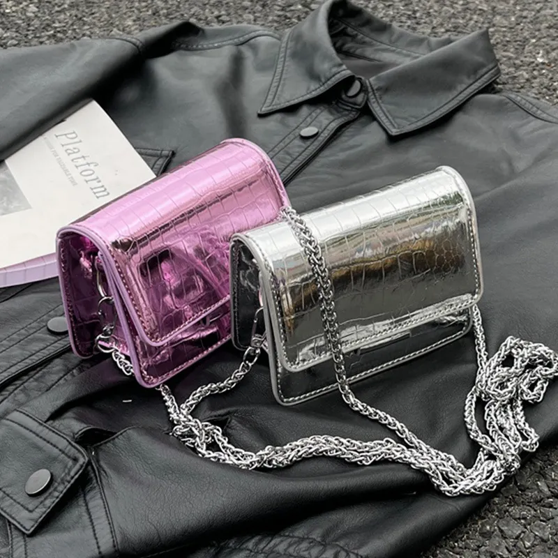 Women Fashion Solid Color Patent Crocodile Laser Flap Chain Mini Square Shoulder Crossbody Bag