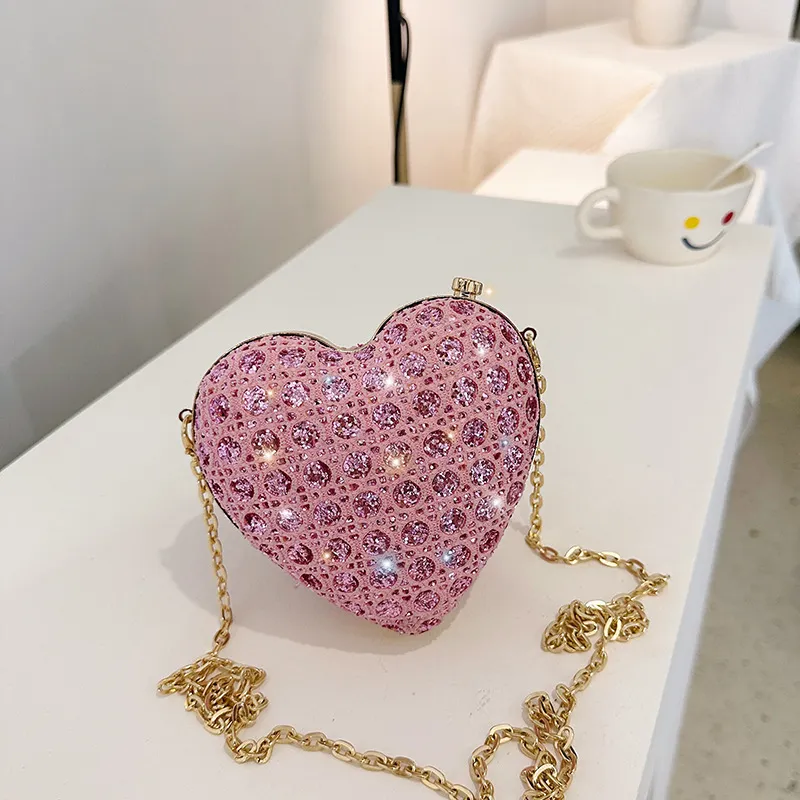 Women Fashion Rhinestone Heart Chain Shoulder Evening Mini Bags