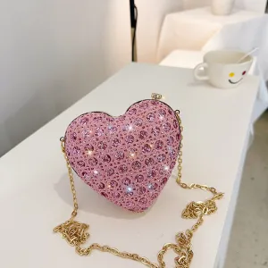Women Fashion Rhinestone Heart Chain Shoulder Evening Mini Bags