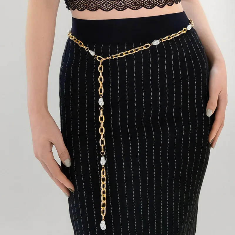 Women Fashion Pearl Metal Decorative Waist Chain Belt