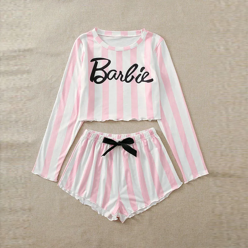 Women's Casual Pink Wide Stripe Letter Printing Long Sleeve Crop Top and Bowknot Shorts Pajama Set