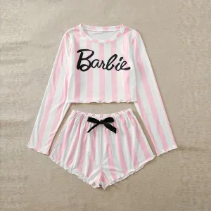 Women's Casual Pink Wide Stripe Letter Printing Long Sleeve Crop Top and Bowknot Shorts Pajama Set