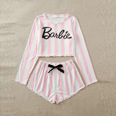 Women's Casual Pink Wide Stripe Letter Printing Long Sleeve Crop Top and Bowknot Shorts Pajama Set