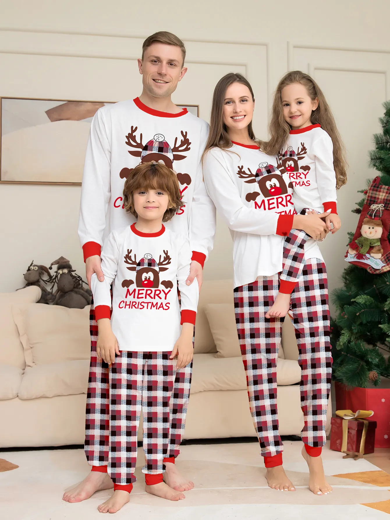 Christmas Elk Print Family Pajama Set For Mom, Dad, Kids And Baby