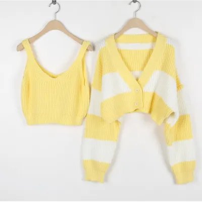 Women Winter Striped Knitted Sweater Two-Piece Set