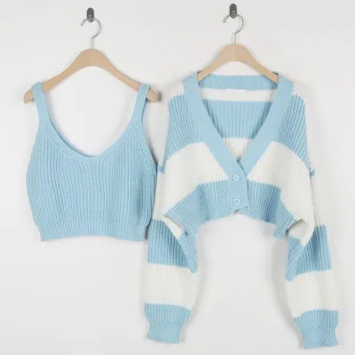 Women Winter Striped Knitted Sweater Two-Piece Set