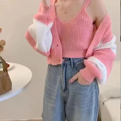 Women Winter Striped Knitted Sweater Two-Piece Set