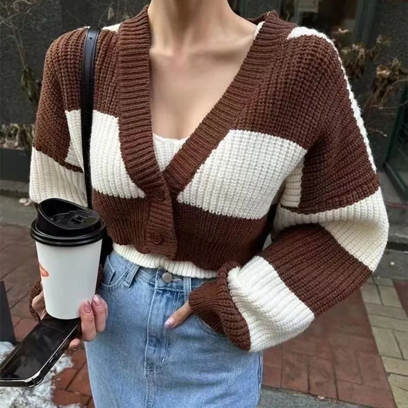 Women Winter Striped Knitted Sweater Two-Piece Set
