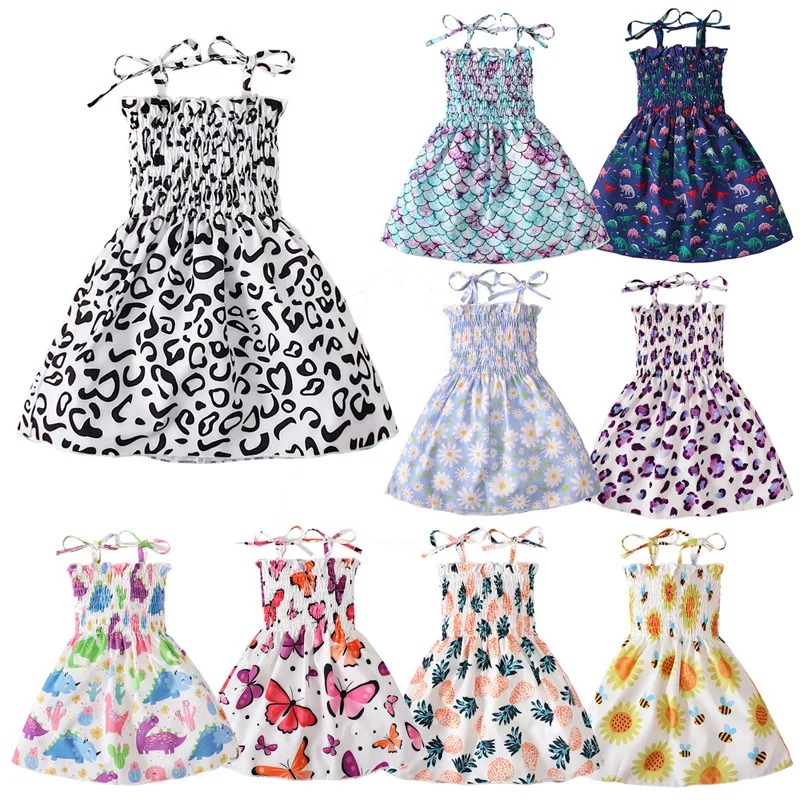 Kids Toddler Girls Summer Casual Pineapple Butterfly Dinosaur Leopard Print Sleeveless Strap Tube Top Dress