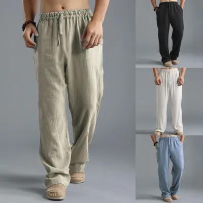 Men Fashion Casual Solid Color Basic Linen Breathable Large Size Loose Sports Trousers