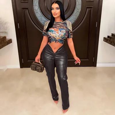 Women Fashion Sexy Solid Color PU Leather Low-Waist Straight-Leg Pants