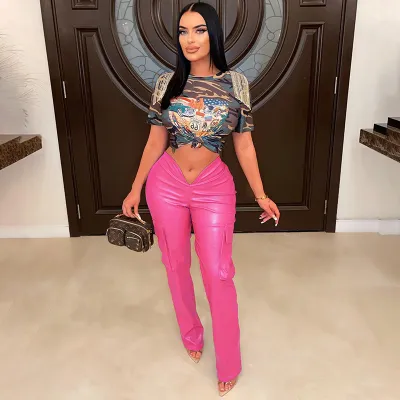 Women Fashion Sexy Solid Color PU Leather Low-Waist Straight-Leg Pants