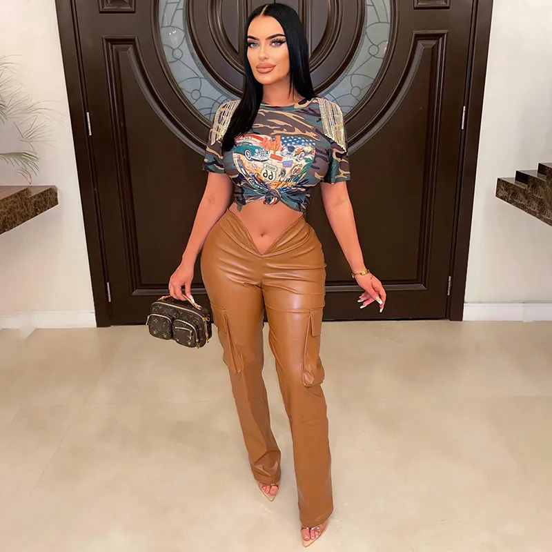 Women Fashion Sexy Solid Color PU Leather Low-Waist Straight-Leg Pants