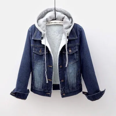 Women Fashion Winter Plush Denim Hooded Coat Slim Fit