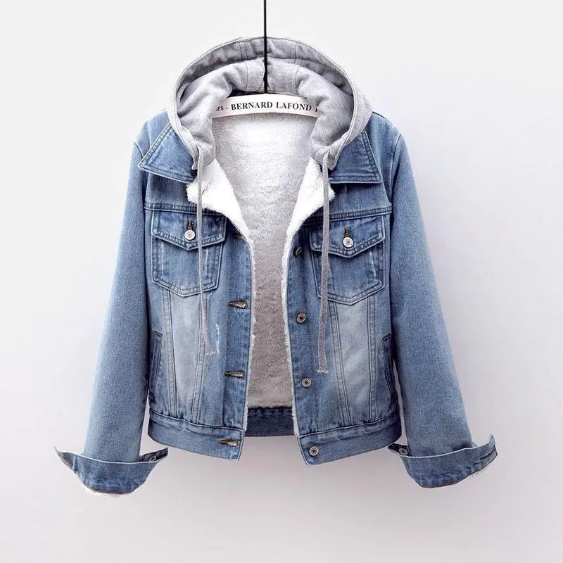 Women Fashion Winter Plush Denim Hooded Coat Slim Fit