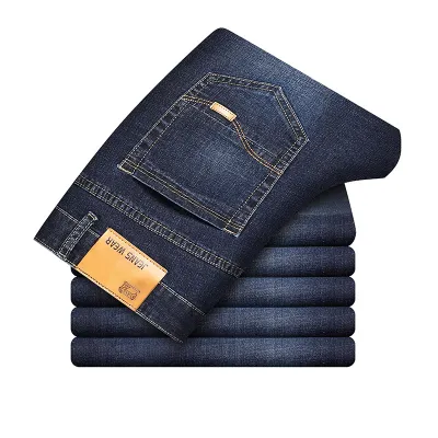 Men Casual Loose Straight Stretch Slim Jeans with Mid Waist