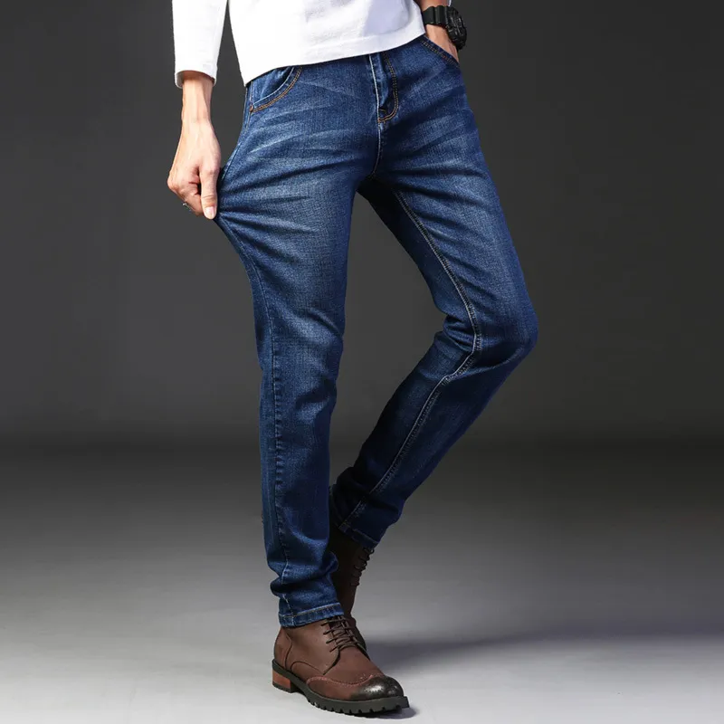 Men Casual Loose Straight Stretch Slim Jeans with Mid Waist