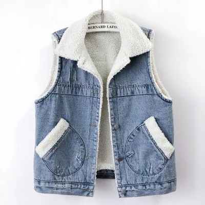 Women's Plush Denim Vest Coat - Casual Cardigan for Winter