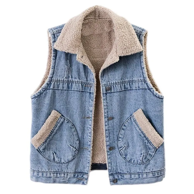 Women's Plush Denim Vest Coat - Casual Cardigan for Winter