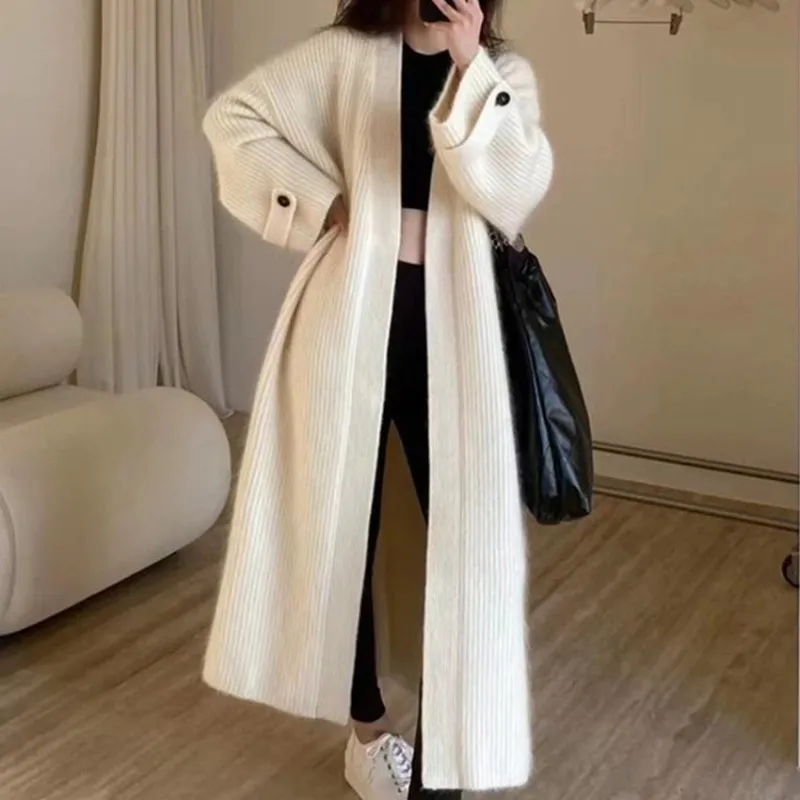 Women's Winter Solid Color Knitted Cardigan Coat - Lazy Wind Japanese Korean Casual Style