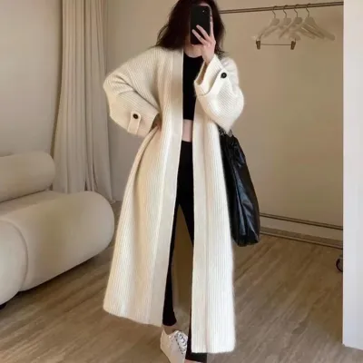 Women's Winter Solid Color Knitted Cardigan Coat - Lazy Wind Japanese Korean Casual Style