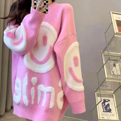 Women Winter Loose Plush Smiley Knitted Sweater