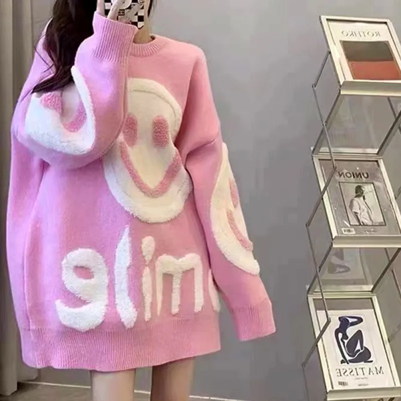 Women Winter Loose Plush Smiley Knitted Sweater