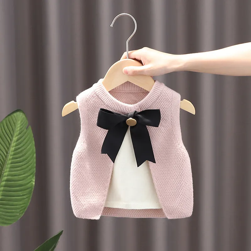 Kids Toddler Girls Autumn Winter Casual Solid Color Bow Round Neck Sweater Waistcoat