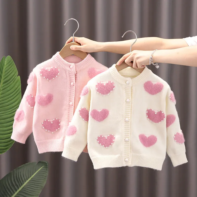Kids Toddler Girls Autumn Winter Fashion Casual Solid Color Heart Pearl Button Round Neck Sweater