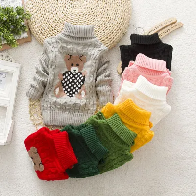 Kids Toddler Girls Boys Autumn Winter Fashion Casual Simple Solid Color Cartoon Bear Turtle Neck Sweater