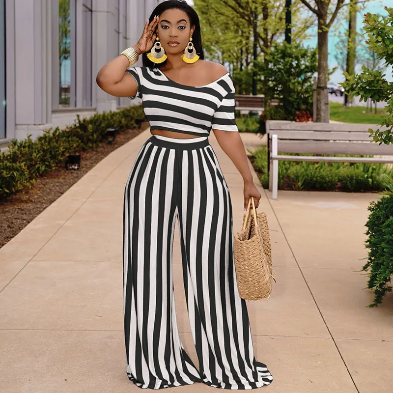 Women Plus Size Casual Striped Short Sleeve T-Shirt Wide Leg Pants Set