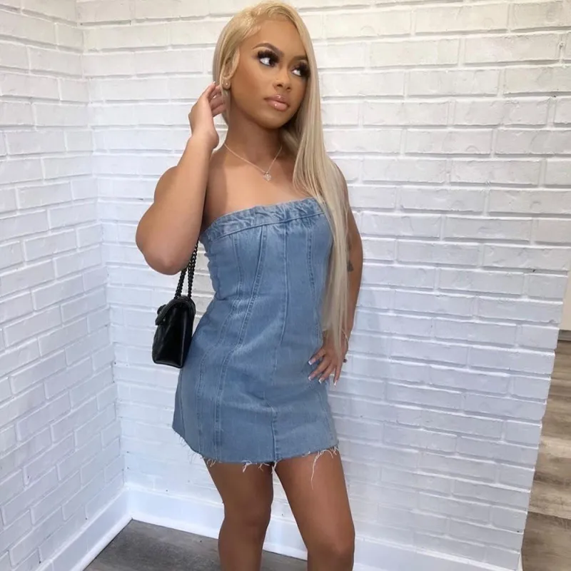 Summer Women Fashion Sexy Backless Tube Strapless Denim Dress