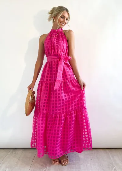 Summer Women Fashion Solid Color Sleeveless Mid-Waist Lace-Up Large Swing Maxi Dress