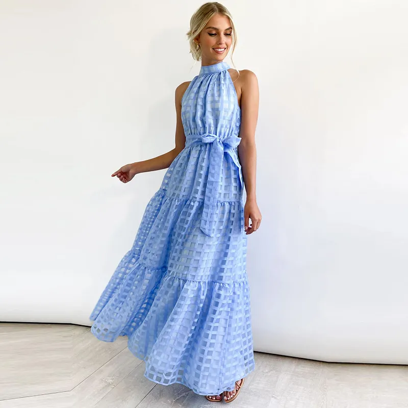 Summer Women Fashion Solid Color Sleeveless Mid-Waist Lace-Up Large Swing Maxi Dress