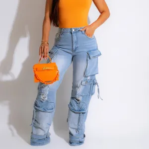 Women Fashion Multi-Pocket Casual Wide-leg Cargo Jeans