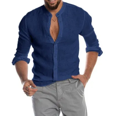 Men Fashion Casual Solid Color Linen Button Stand Collar Long Sleeve Shirt