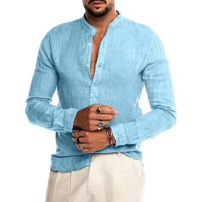 Men Fashion Casual Solid Color Linen Button Stand Collar Long Sleeve Shirt